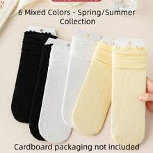1/3 Pairs Women's Lace Trim Thin Summer Socks, White Breathable Mesh Hollow Out Crew Socks - Multicolor - View 16