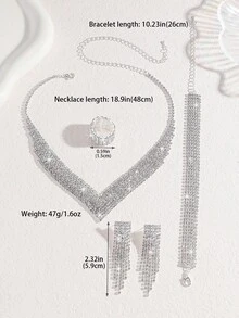 Modeschmuck-Set für Bräute, Halskette mit Strass, Ohrringe, Armband, elastischer Ring - Silber - Übersicht 3