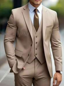 Men's 3 - Piece Suit Set, Formal Slim - Fit Blazer Vest Pants For Wedding/Business - Khaki - View 5