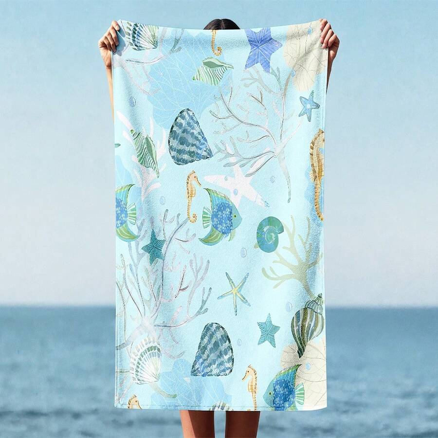 1 pieza Toalla de playa de microfibra ultrasuave y colorida con estampado de vida marina, adecuada para playa, piscina, camping y viajes, baño, fitness, yoga. Toalla de playa de moda, súper absorbente, ligera y portátil, protección contra el viento y el sol, anti-arena para viajes de verano, decoración de baño - Multicolor - Ver 1