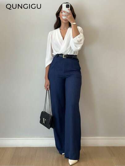 QUNGIGU Calça Reta de Cintura Alta e Perna Larga Listrada com Bolsos, Adequada para Trabalho e Ocasiões Casuais