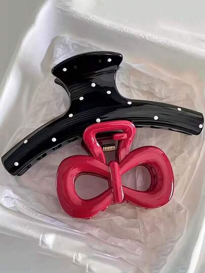 2个复古蓝波点红蝴蝶结发夹 - 亮面塑料发夹，大号耐用波点发夹，优雅可爱的韩式发饰，适合日常佩戴、生日礼物、特殊场合 | 独特设计 | 精致发夹，可爱发夹