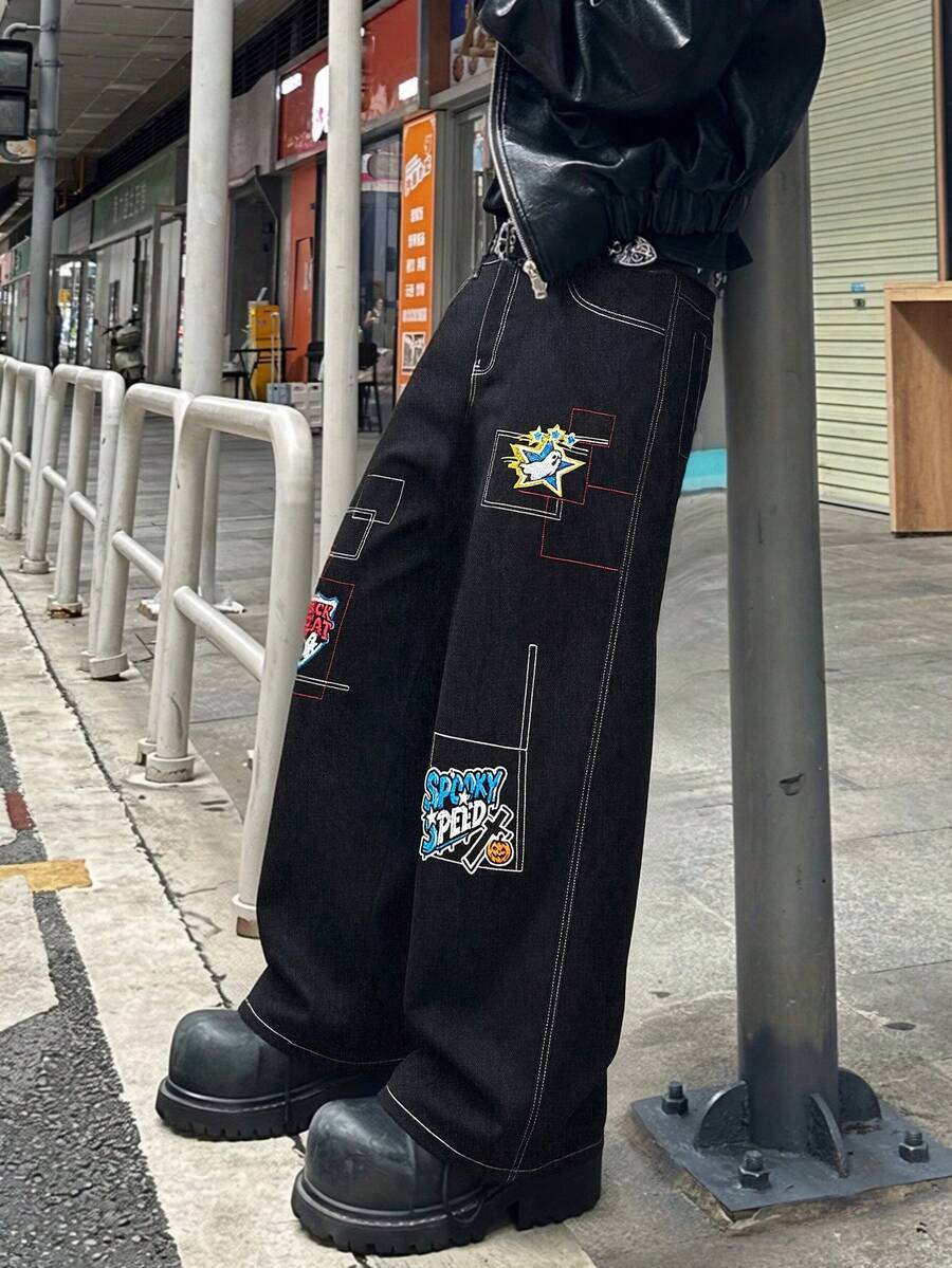 Quần jeans ống rộng dáng suông phong cách hip hop Mỹ cổ điển LIYS, quần denim đường phố màu tối theo phong cách gothic, quần thường ngày. - màu đen - Xem 1