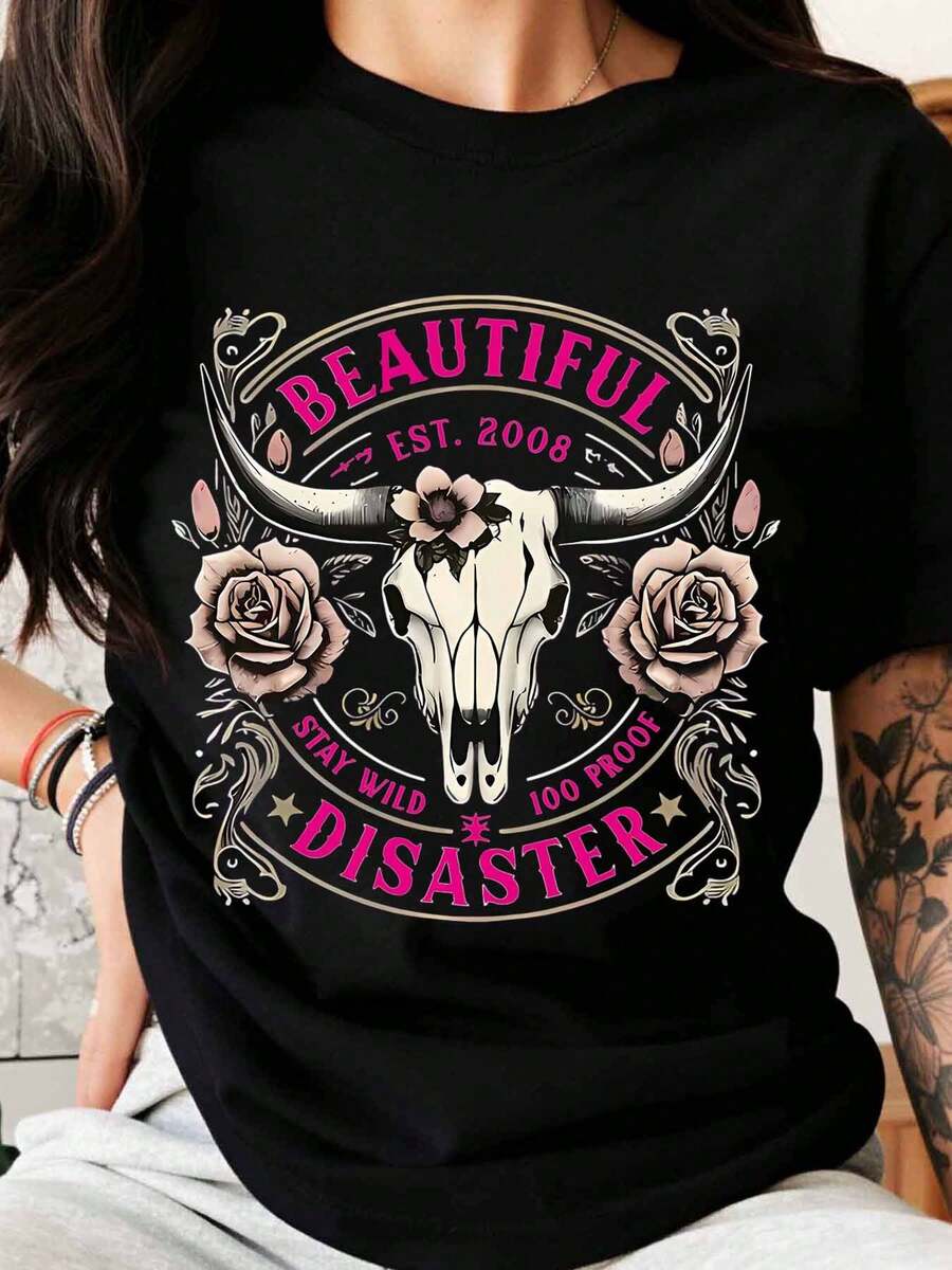 Beautiful Disaster Est 2008 Bull Skull Rose Floral Design Women's T-Shirt Stay Wild 100 Proof Graphic Tee For Casual Wear And Festival Style - màu đen - Xem 1