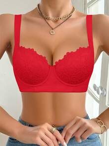 Bra Push-Up Berenda untuk Wanita, Tali Bahu Lebar yang Nyaman, Mengangkat & Membentuk, Desain Racerback yang Bernapas, Cocok untuk Pemakaian Sehari-hari - Merah - View 5