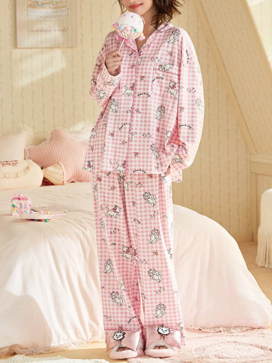 Gongdie 2pcs Disney Marie Cat 2026 Long Sleeve Pajama Set, Cotton Cartoon Pink Loungewear Suit For Women - Watermelon Pink - View 1