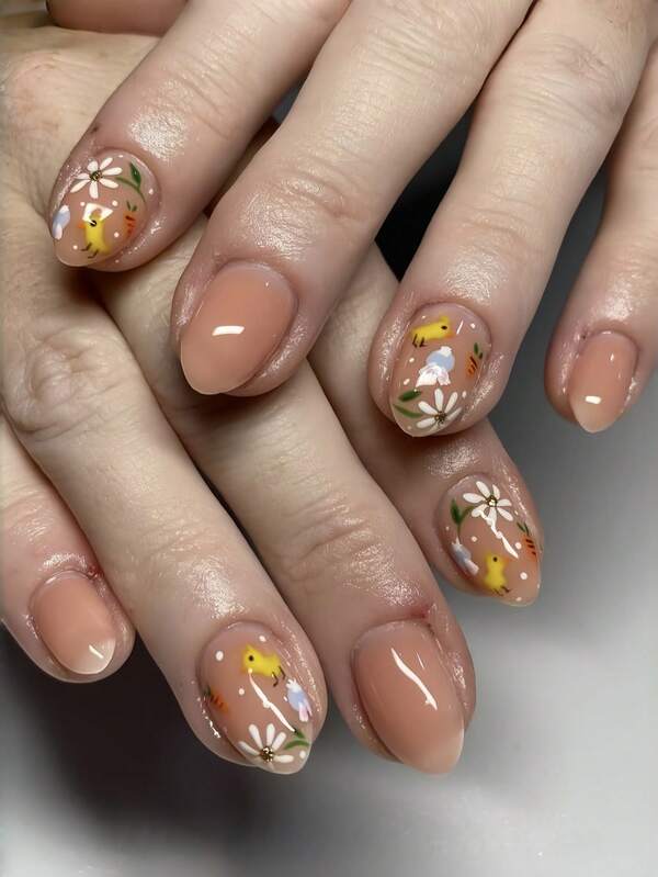 24pcs Short Oval False Nails, Easter Cartoon Chick Daisy Short Cute Press-On Nails, Wearable, Full Coverage And Removable, Suitable For Women's Parties, Dancing, And Daily Use