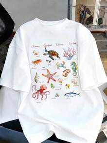 Plus Size Women's Round Neck Loose Short Sleeve T-Shirt With Starfish Print, Bohemian Style Oversized Ocean Animal Pattern Cropped Top, Suitable For Summer - White - View 6