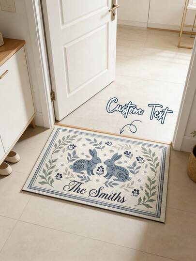 1Pc Personalized Spring Bunny Doormat - Custom Name Front Porch Rug, Folk Art Rabbit Welcome Mat, Seasonal Entryway Floor Decor, Ideal For Spring, Easter, Housewarming, Holidays & More