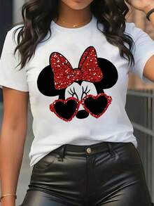 Disney Mother's Day Women'S Popular Item Featuring A Printed Design With Red Sequined Bows, Heart-Shaped Glasses, And A Minnie Mouse Head. This Short-Sleeve Round-Neck T-Shirt Is Casual, Comfortable, Stylish, And Versatile, Suitable For Spring, Summer - White - View 1