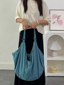 大容量纯色单肩包，防水尼龙材质，简约无印花风格女士斜挎包，休闲拉链手提包，中性复古学生背包，休闲多功能手提包，适合工作、学习、旅行 - 水鴨藍 - 查看 7