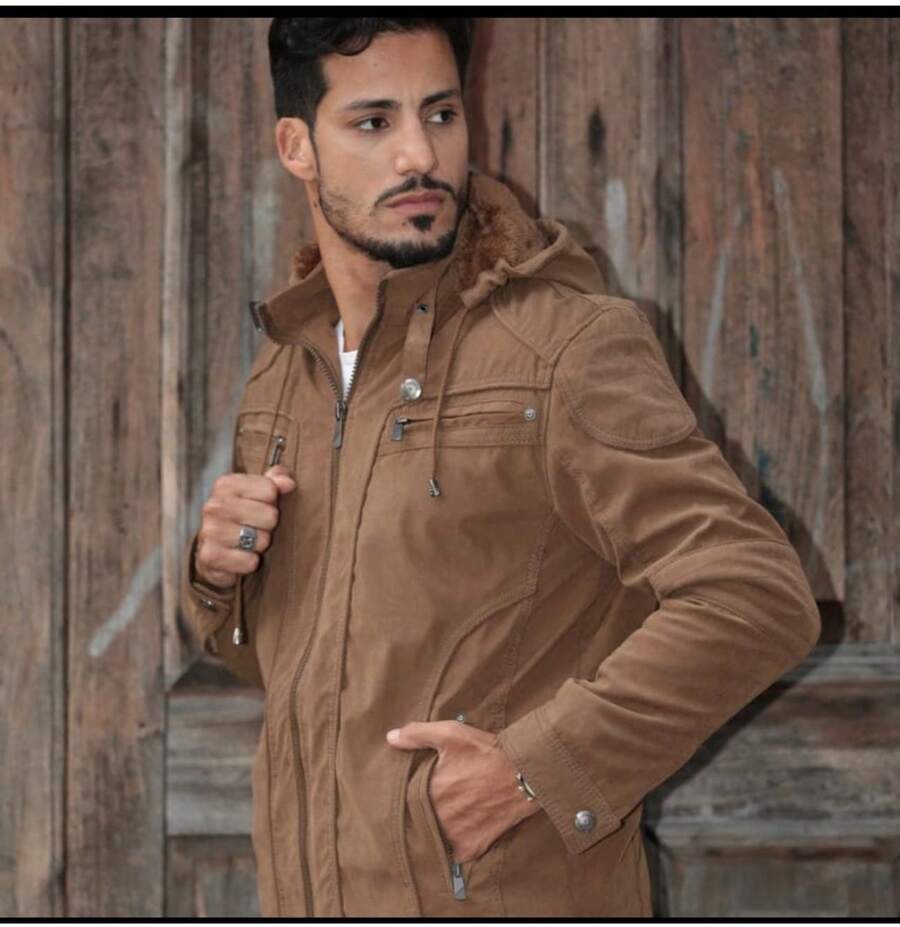 Men's Twill Jacket, Fully Lined With Faux Fur, With A Removable Hood. - Rust Brown - View 1