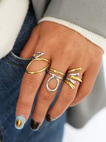Frminee 3pcs Vintage Minimalist 18K Gold Plated Line Design Stainless Steel Ring Set, Western Women's Jewelry Accessories, Suitable For Women's Daily Wear - Gold and Silver Mixed Color - View 5