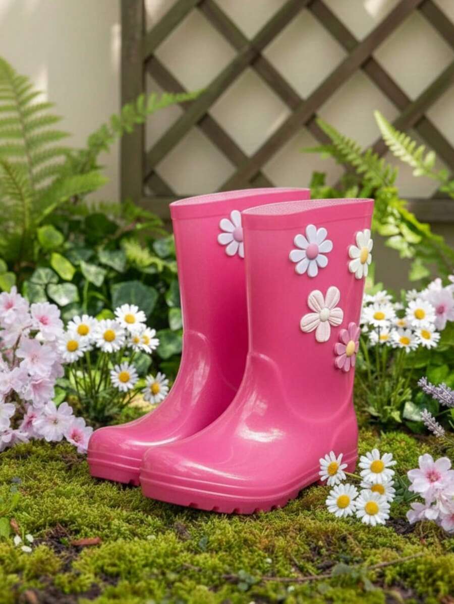 Girls' High-Top Rain Boots, Waterproof, Floral Print, Pastel Colors, Non-Slip, Comfortable - 玫紅色 - 查看 1