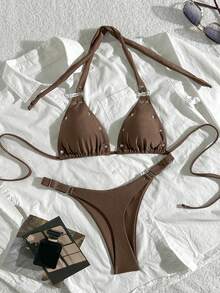 Bộ bikini nữ dây mảnh buộc gợi cảm, trang trí đinh tán, co giãn cao 2 mảnh, phù hợp cho bãi biển và hồ bơi trong kỳ nghỉ hè - Màu Khaki - Xem 7