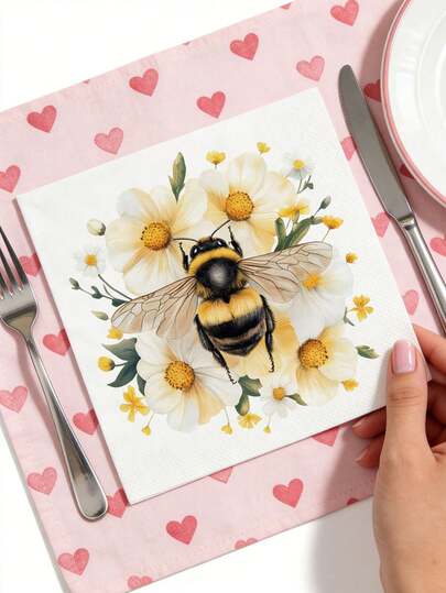 50/20/1pc 10*10 Inch Bee-Printed Napkins 3-Layer Thick-Absorbent Napkin Portable Summer Napkins For Family, Valentine's Day, Wedding Decoration, Restaurant And Kitchen Necessities