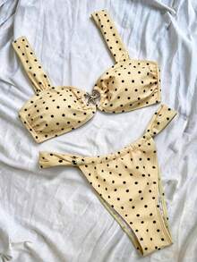Yellow Women's Sexy Polka Dot Wide Shoulder Strap Two Pieces Split Bikini Set, Bohemian Elegant Black Polka Dot Starfish Metal Ring Decorative Strap Swimsuit, Suitable For Spring And Summer Beach Vacations, Pool Parties, Graduation, Birthdays, And Dance Fashionable Swimsuit - Multicolor - View 2