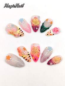 10 Pieces Of Pure Handmade Pressed Wearing Nail, 25mm Long Square Nail, Pink Nail, Red Nail, White Nail, Hand-Painted Red Heart Pattern, 3D White Bow Jewelry, White Heart-Shaped Jewelry, Hand-Painted Red Lines, White Bud Lace. Cute Nail Piece. - Multicolor - View 2