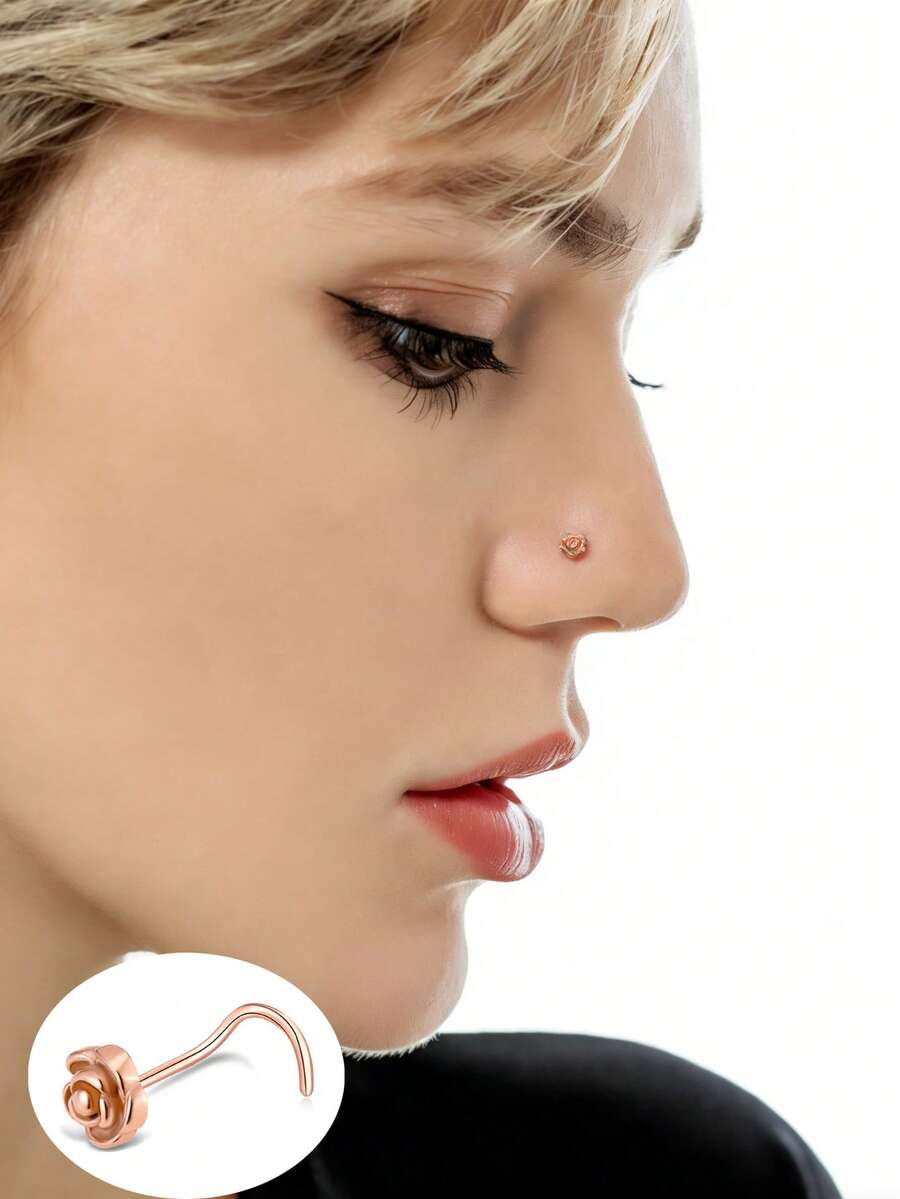 1Pc Delicate Rose Gold Plated Stainless Steel Rose Flower Nose Screw For Women Daily Wear - Rose Gold - View 1