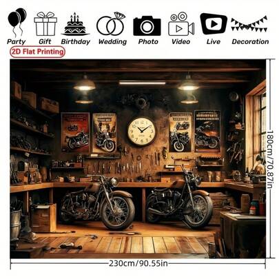 1pc Retro Garage Studio Background Banner Is Used For Multifunctional Room Decoration In Parties, Studios, Homes And Gardens, And Durable Outdoor Celebration Signs Are Available In Various Styles And Sizes.