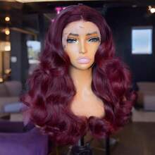 99J Wine Red Fluffy Wavy 13X4 Lace Front Synthetic Wig, Pre-Plucked Bleached Knots, Suitable For Cosplay, Daily Party, Heat Resistant Fiber Front Wig - Multicolor - View 13