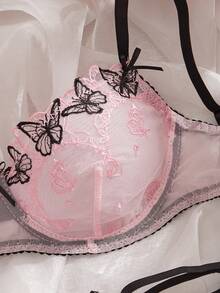 黑色和粉色撞色蝴蝶刺绣舒适日常文胸内裤套装，性感女士内衣套装 - 黑粉紅色 - 查看 2