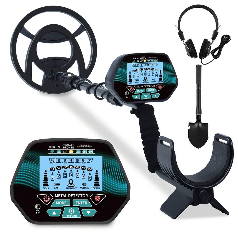 Detector de metales profesional para adultos Detector de oro preciso con pantalla LCD Bobina de búsqueda impermeable 2 modos de trabajo Perfecto para monedas de oro, plata y búsqueda de tesoros con auriculares Pala de metal - Negro - Ver 1