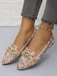 Cadena de metal para mujer, suela plana puntiaguda, estilo elegante, uso diario en primavera y verano, para ir al trabajo, suela plana de colores, talla grande - Mi Tarjeta Naranja - Ver 4