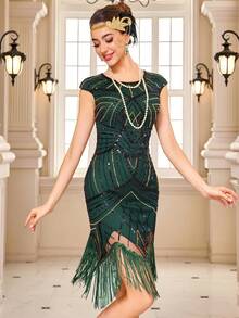 Đầm Flapper cổ điển thập niên 1920, đính cườm, sequin và tua rua, kiểu Gatsby, thích hợp cho tiệc cocktail, màu xanh đậm, đám cưới, mùa xuân. - Màu xanh lá cây đậm - Xem 9