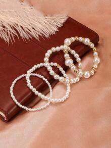 4pcs/Set Heart-Shaped Faux Pearl Bracelet Set For Women - Multicolor - View 5
