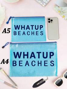 多色防水时尚网布沙滩包，化妆包，印有“WHATUP BEACHES”字样，沙滩主题，大容量透明化妆包，轻便防晒收纳包，沙滩必备，带尼龙拉链的洗漱包，适合游泳、沙滩、潜水和暑假，学生返校季，生日、节日、派对、婚礼（伴娘）的完美礼物和纪念品 - 彩色 - 查看 9