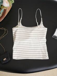 Retro Striped Camisole Top With Built-In Bra Padding, Cropped & Slim Fit, European & American Style - White Background With Black Stripes - View 7