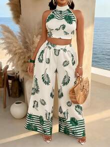 AIJ 女士优雅夏季度假两件套，露背领口，系带腰身设计，印花阔腿裤 - 綠色 - 查看 5
