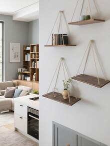 2 piezas/1 pieza Estantes flotantes de pared de madera, Tablero de almacenamiento de tela de estilo bohemio, Adecuado para sala de estar, dormitorio, baño, cocina, decoración del hogar, decoración de la habitación, decoración de pared, regalos para vacaciones, de vuelta a la escuela - Beis - Ver 5