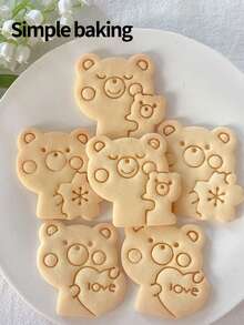 A Cartoon Teddy Bear Patterned Cookie Cutter, A Cute Teddy Bear Holding (With Hearts, Flowers, Or Baby Bear) Cookie Stamp, A Kitchen Family-Friendly Cookie Mold, A Gift For Children, A Pastry-Making Tool - View 5
