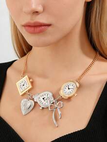 1pc European And American Exaggerated Style Faux Clock, Bow, Heart Pendant Choker Necklace, Women's Hip-Hop Necklace - Multicolor - View 1
