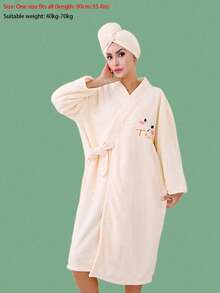 Bộ 2 áo choàng tắm nữ, áo choàng spa thắt eo, áo choàng ngắn tay thêu hoạt hình bằng vải lông san hô, trang trí nhà cửa và phòng tắm, mùa hè, mùa tựu trường. - Nhiều màu - Xem 15