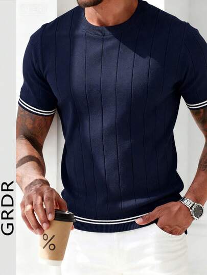  GRDR Men's Summer Ribbed Crew Neck Knit Short Sleeve Sweater