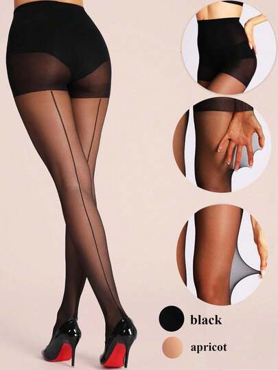 1 paire de collants à taille haute imprimés avec talon cubain pour femmes, avec couture arrière transparente et bord de chaussette galbant