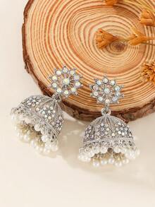 一对优雅的吉姆卡耳环，彩色水钻镂空花朵设计，配以仿珍珠流苏，宝莱坞风格首饰，适合女性和女孩日常佩戴，也适合节日、婚礼和派对等场合/首饰礼品 - Jhumka - 查看 4