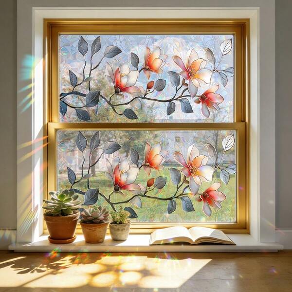 1/4pcs Decorative Stained Glass Window Film Vintage Floral Static Cling Privacy Decal Anti UV Sun Blocking Removable Suncatcher Sticker For Bathroom Office Home Room Decor