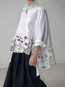 Plus Size Women's Casual Floral Print Front Short Back Long Shirt, Printed Woven Fabric, Summer Spring White - White - View 3