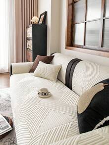 1 pieza Funda de cojín de sofá de peluche bordada con diseño romántico de temporada de bodas, funda de sofá con patrón geométrico de líneas y flores de unicolor, antideslizante y antiarañazos, adecuada para todas las estaciones, fácil de limpiar, decoración del hogar para días festivos, se ajusta a sofás de 1/2/3/4 plazas - Beis - Ver 5