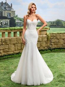 鱼尾婚纱、新娘主头纱、无肩带刺绣网纱拖尾婚纱、白色婚纱、教堂婚礼礼服、私人婚礼礼服 - 白色 - 查看 2