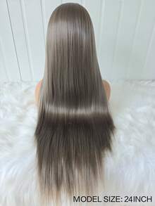 灰棕色长直发丝滑合成假发，13x4灰棕色蕾丝前假发，女士耐热日常佩戴角色扮演假发 - 彩色 - 查看 7