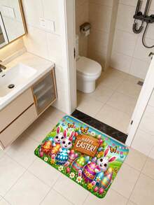 1件装复活节兔子和彩蛋图案防滑易清洁耐用涤纶纤维地毯，轻便机织，适用于浴室、客厅、卧室、厨房、办公室 - A - 查看 3
