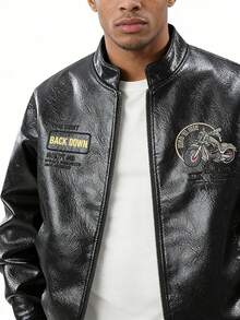 Men's Retro Black PU Leather Motorcycle Rider Embroidered Jacket With Zipper Closure, Casual Street Style, Durable Polyester Lined Aviator Windproof Leather Jacket - Black - View 1