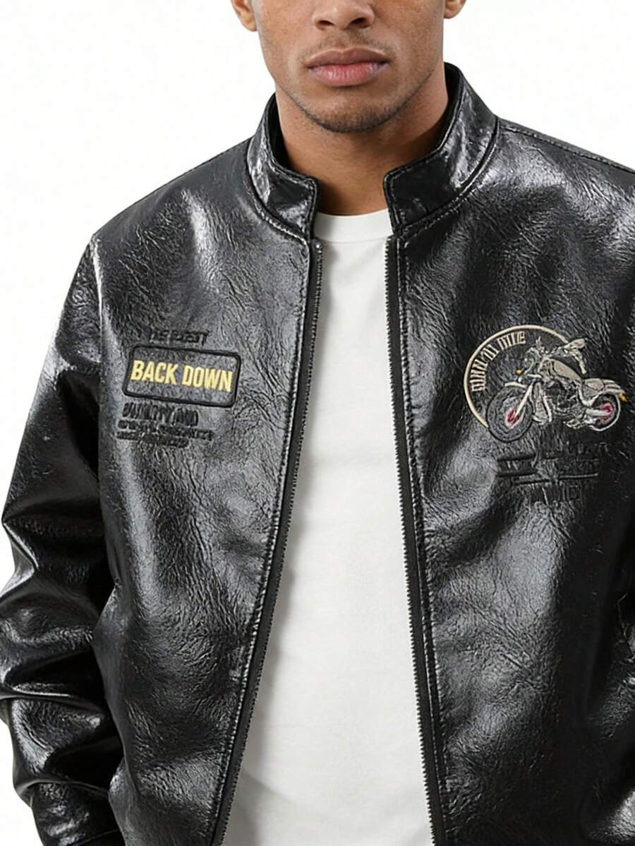 Men's Retro Black PU Leather Motorcycle Rider Embroidered Jacket With Zipper Closure, Casual Street Style, Durable Polyester Lined Aviator Windproof Leather Jacket - Black - View 1
