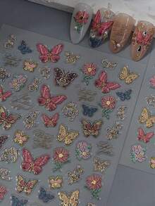 1Pc Luxury Red Black Butterfly Flower Peony Embroidered Auspicious Clouds Realistic Gold Adhesive Nail Art Stickers Manicure Decals - Multicolor - View 2