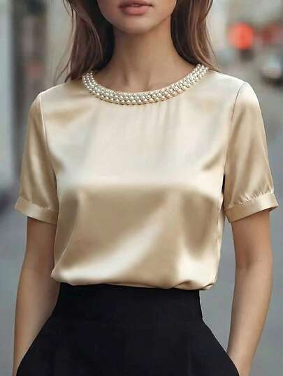 1 pieza Blusa elegante de moda con cuello redondo, decoración de burbujas de satén de unicolor para mujer, adecuada para verano, oficina, hogar, uso diario, fiesta de cumpleaños